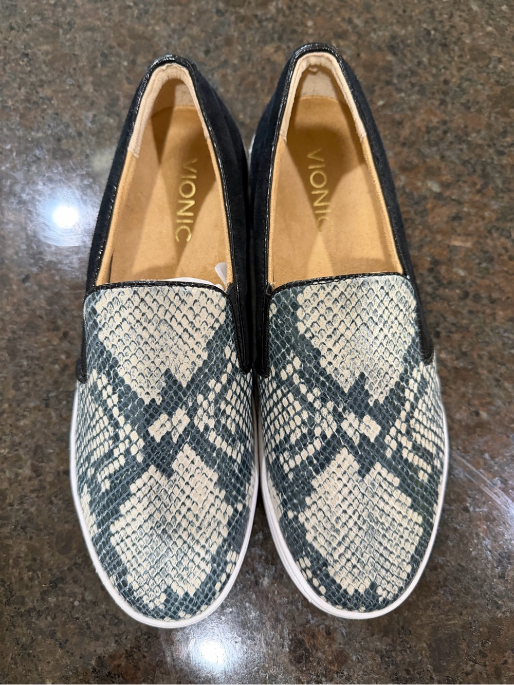 Vionic Slip-On Sneakers in Black and Cream Snakeskin